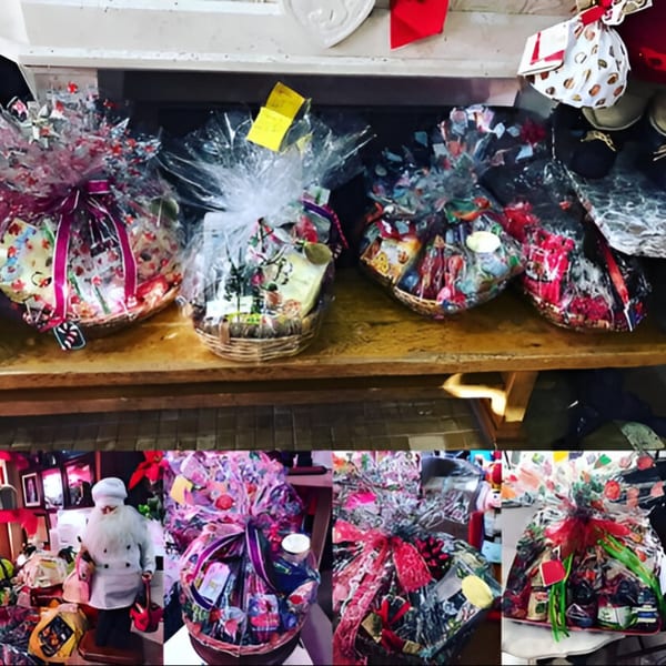A collage of images showing various Italian deli gift baskets filled with products, wrapped in cellophane and bows.